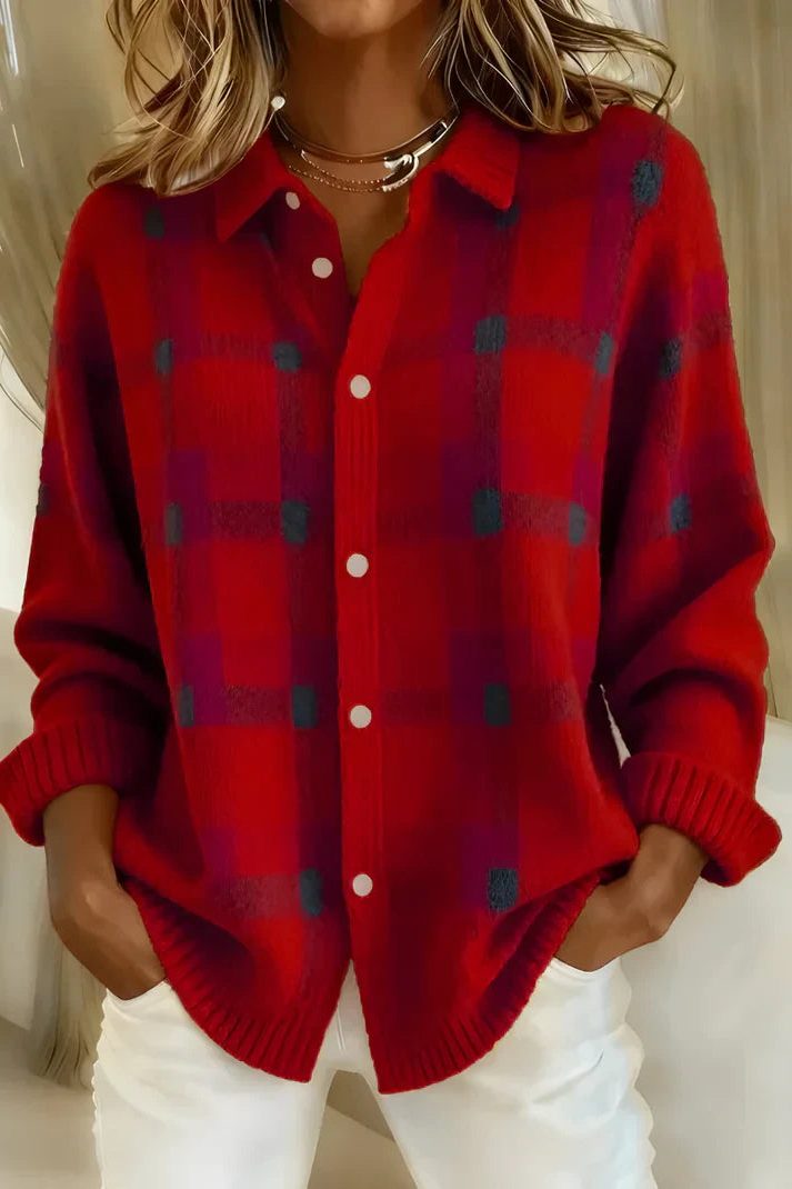 Zuzanna™ | Women's Plaid Knit Collared Button Cardigan
