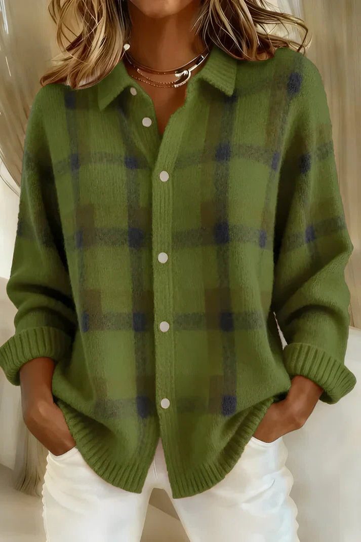 Zuzanna™ | Women's Plaid Knit Collared Button Cardigan