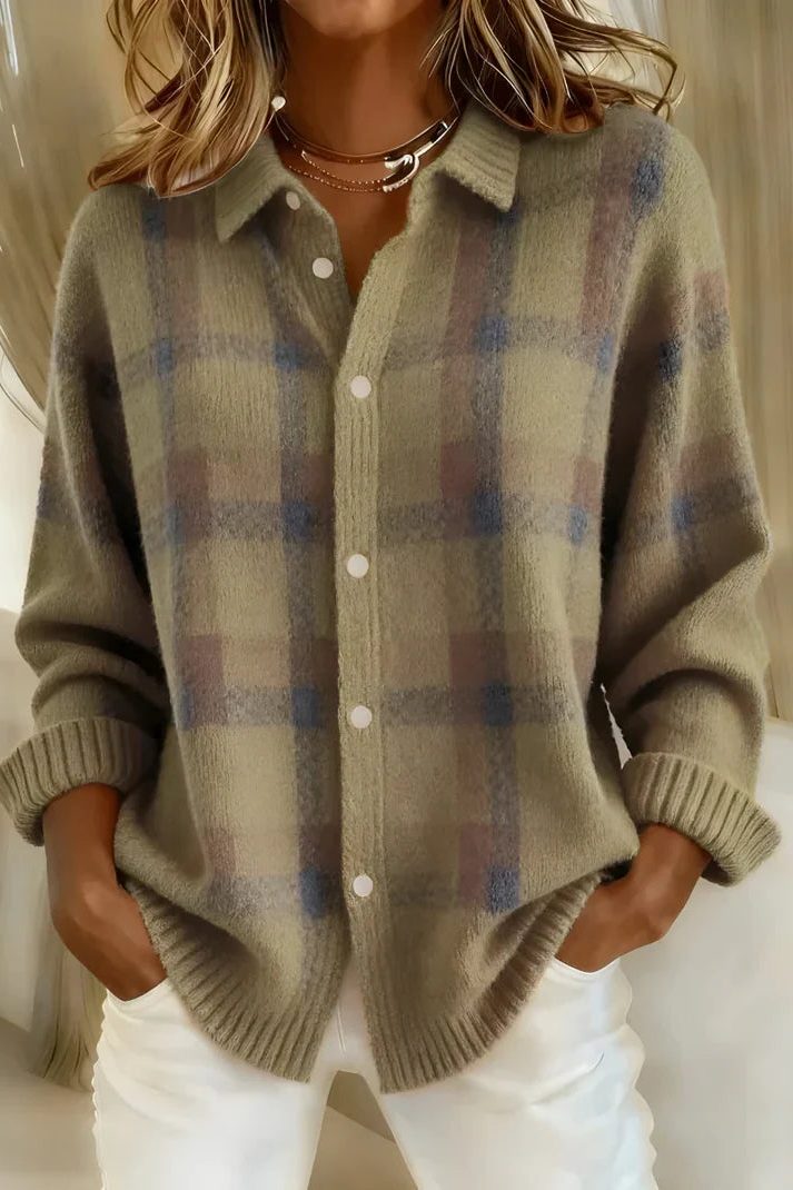 Zuzanna™ | Women's Plaid Knit Collared Button Cardigan