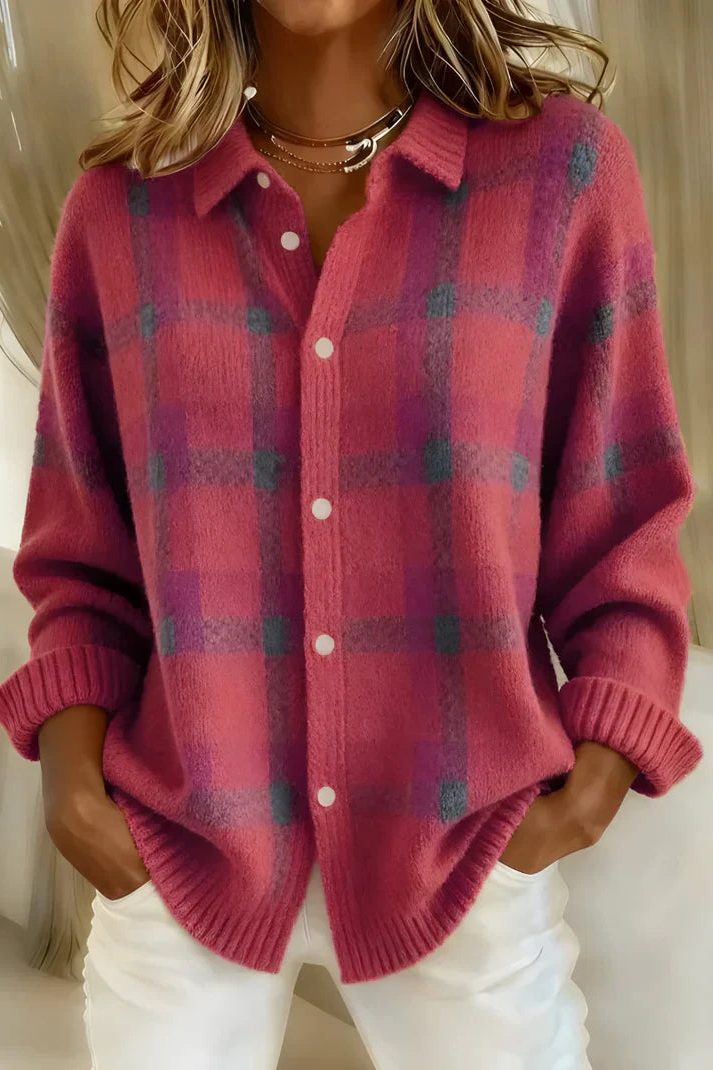 Zuzanna™ | Women's Plaid Knit Collared Button Cardigan