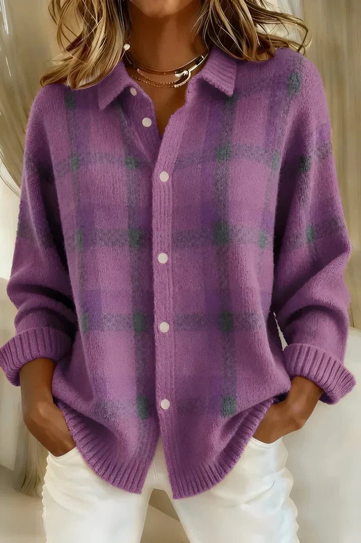 Zuzanna™ | Women's Plaid Knit Collared Button Cardigan