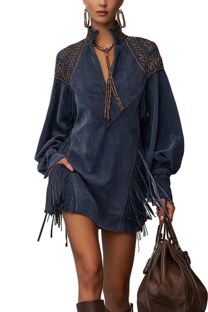 Farrah™ | Women's Faux Suede Mini Dress with Embroidery and Fringe