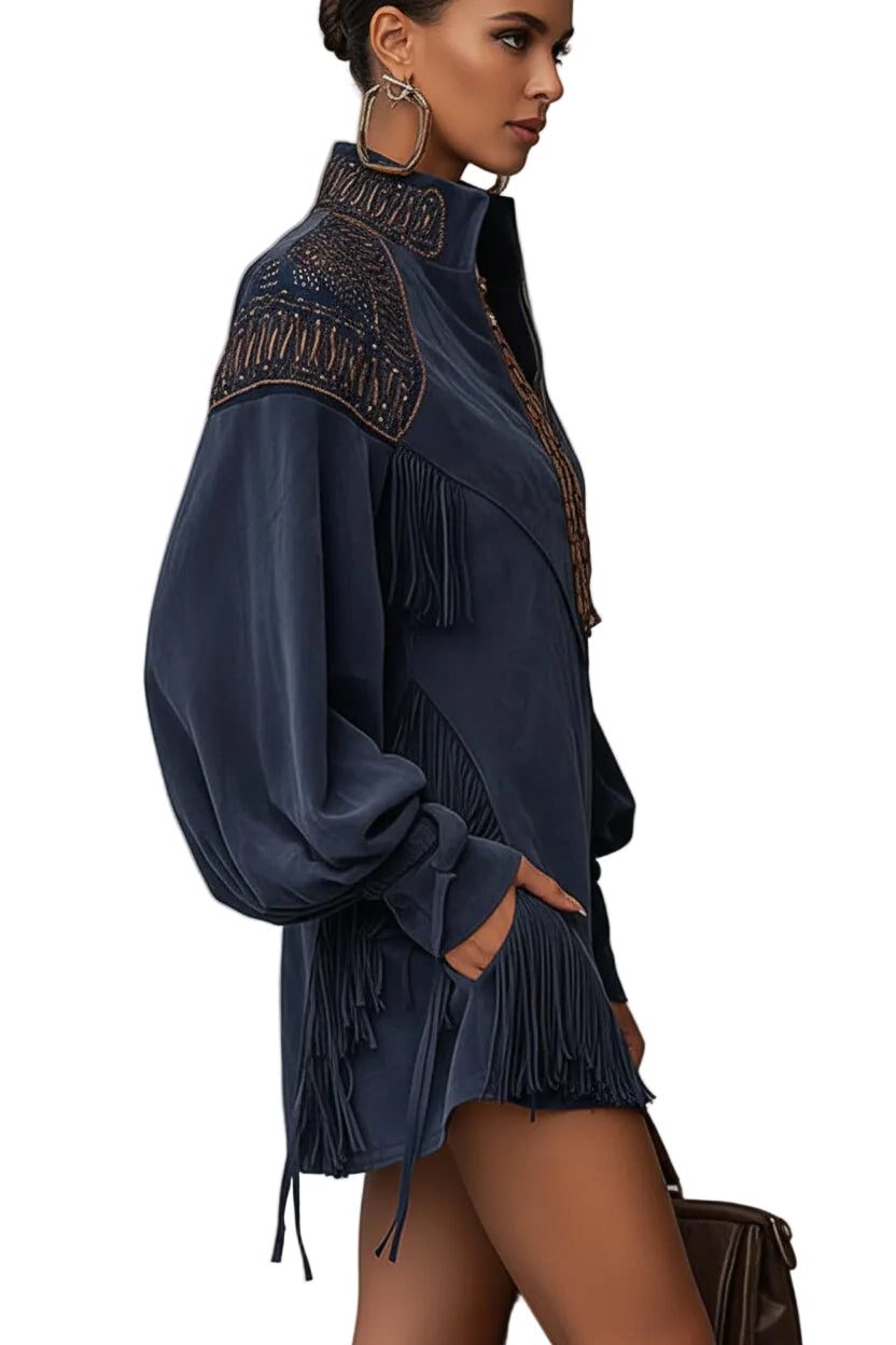 Farrah™ | Women's Faux Suede Mini Dress with Embroidery and Fringe