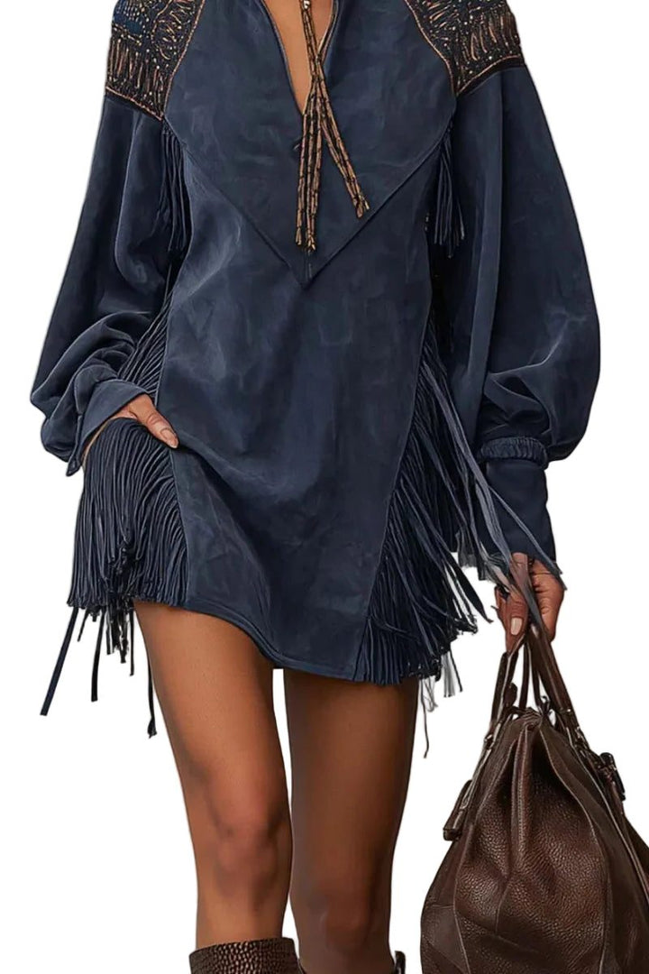 Farrah™ | Women's Faux Suede Mini Dress with Embroidery and Fringe