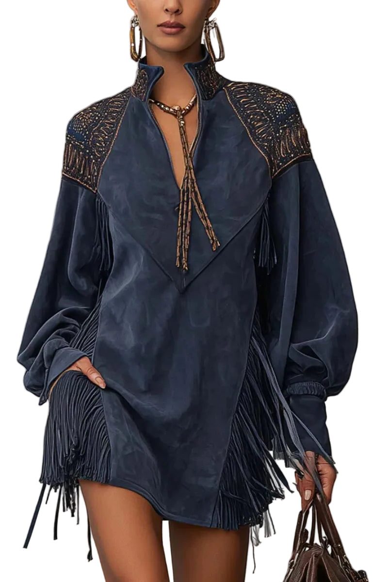 Farrah™ | Women's Faux Suede Mini Dress with Embroidery and Fringe