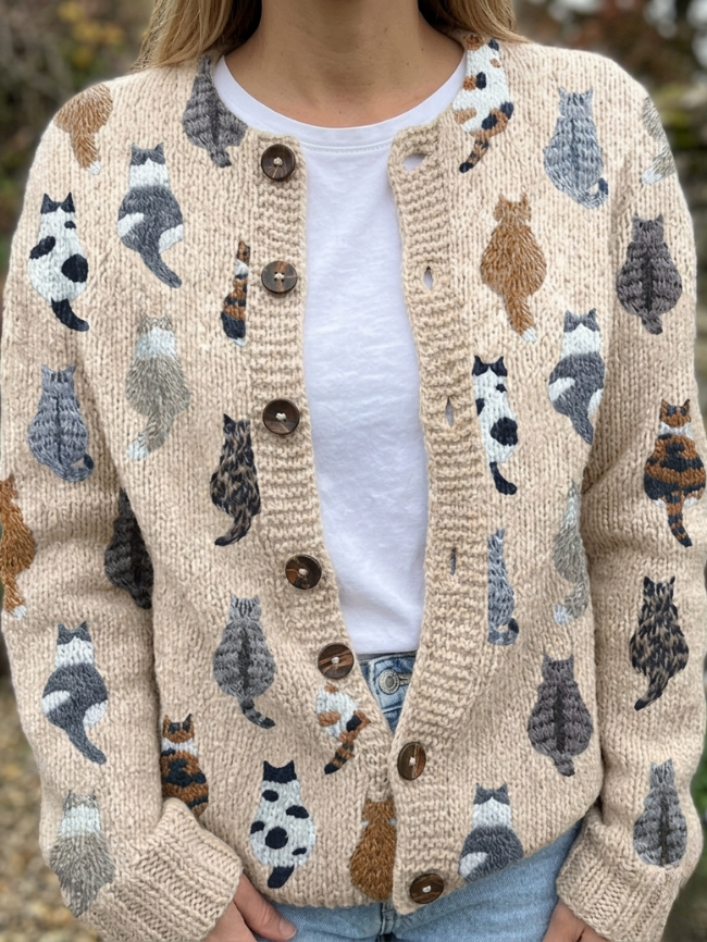 Caitrin™ | Women's Plus Size Cat Print Button Front Knit Cardigan