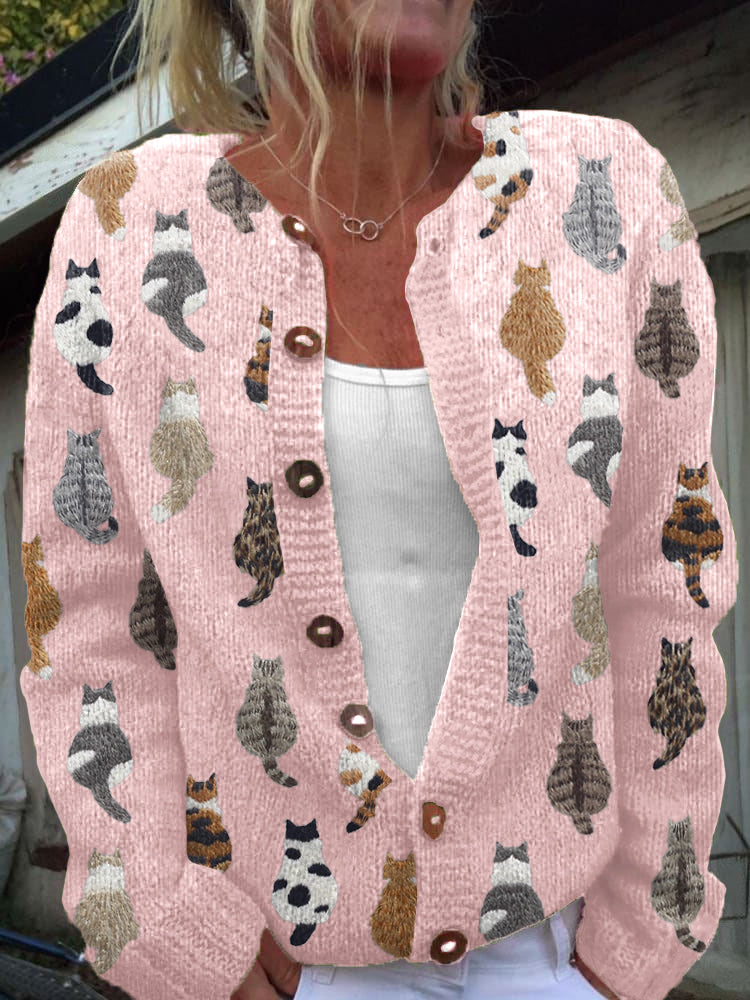 Caitrin™ | Women's Plus Size Cat Print Button Front Knit Cardigan