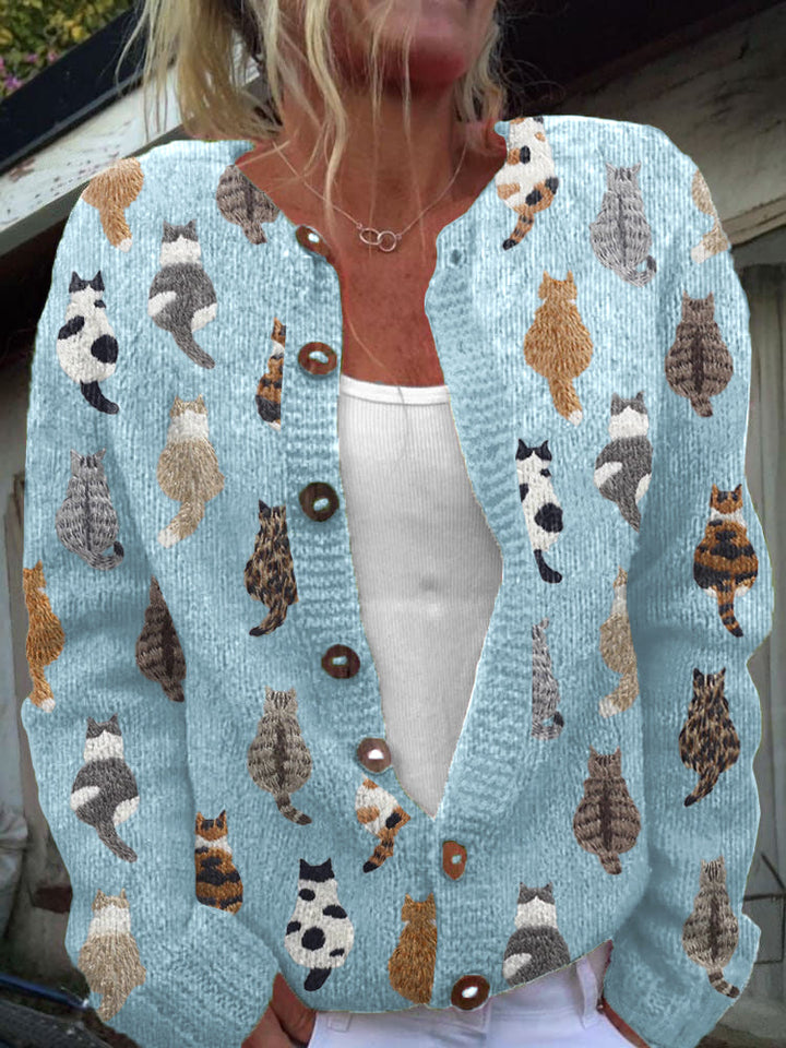 Caitrin™ | Women's Plus Size Cat Print Button Front Knit Cardigan