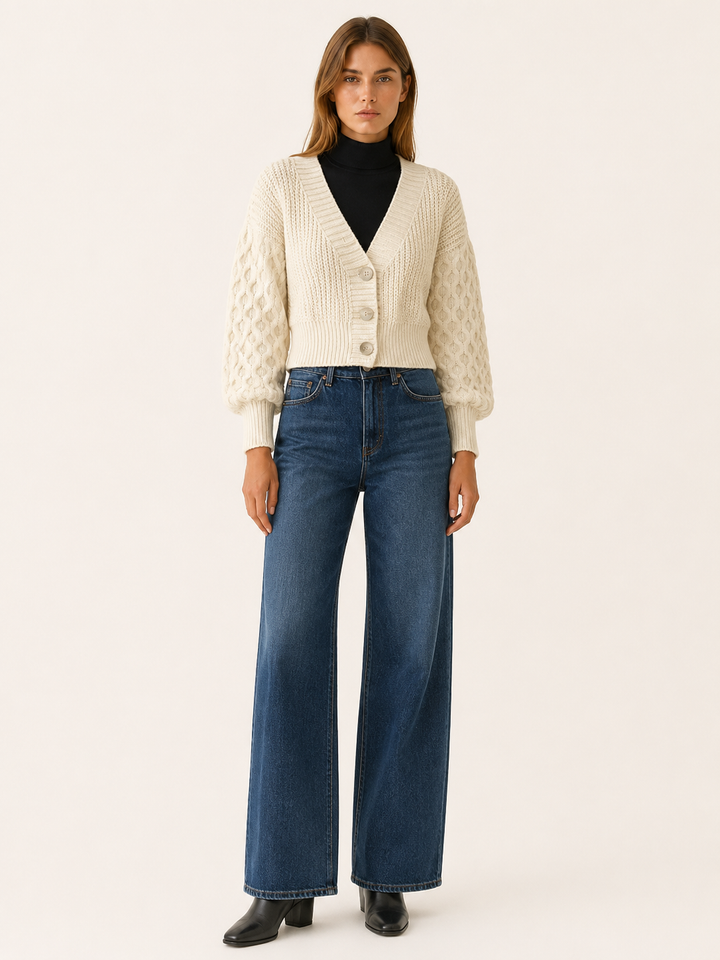 Sophronia™ | Cropped Cable Knit Cardigan with Button Front, Ivory