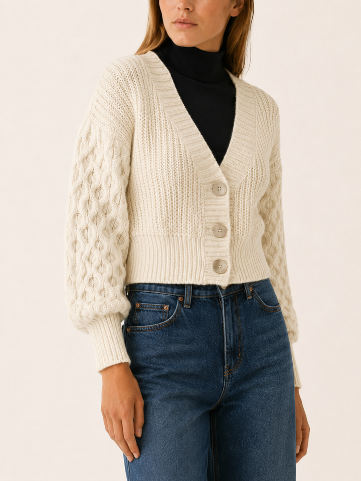 Sophronia™ | Cropped Cable Knit Cardigan with Button Front, Ivory