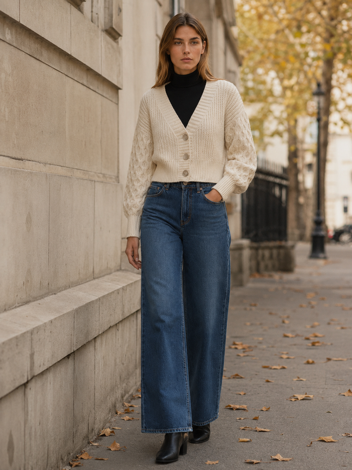 Sophronia™ | Cropped Cable Knit Cardigan with Button Front, Ivory