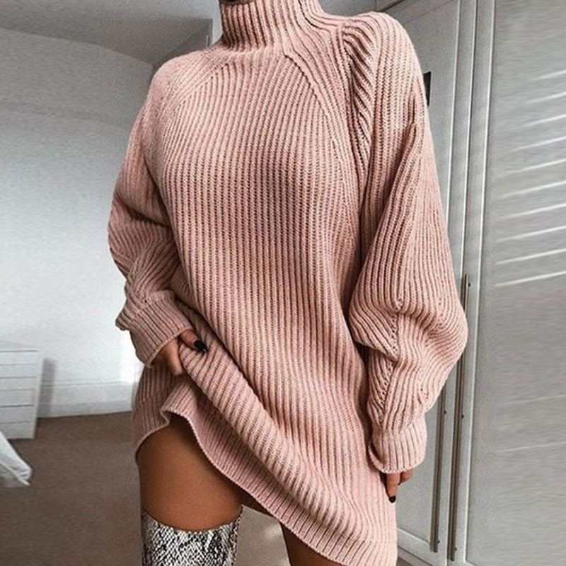 Millicent™ | Women's Ribbed Knit High Neck Sweater Dress with Raglan Sleeves