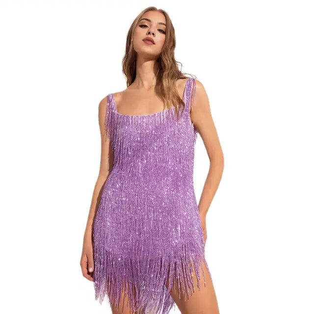 Marisa™ | Women's Sequin Fringe Mini Dress with Slim Straps