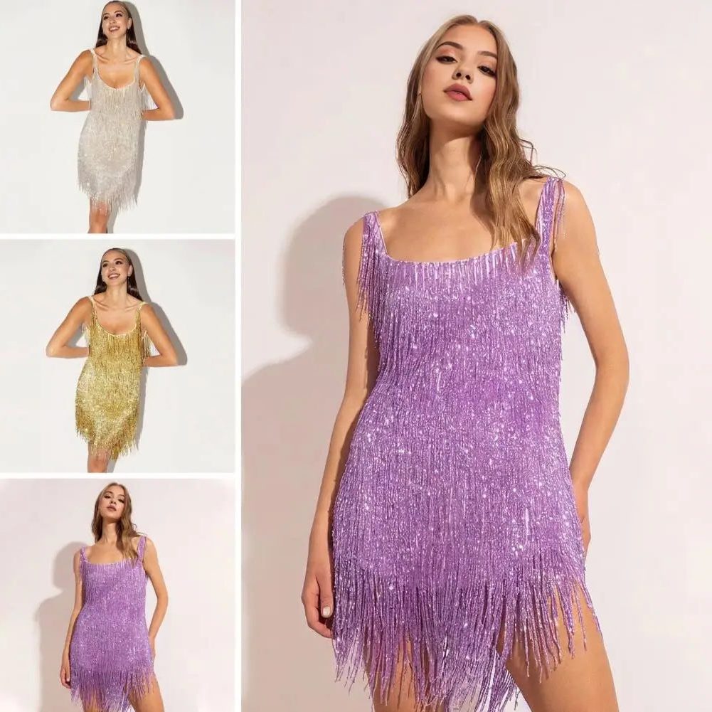 Marisa™ | Women's Sequin Fringe Mini Dress with Slim Straps