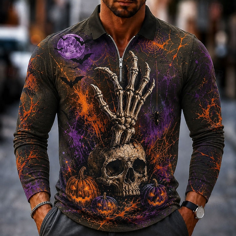 Osric™ | Men's Halloween Pumpkin Print Quarter Zip Polo Shirt
