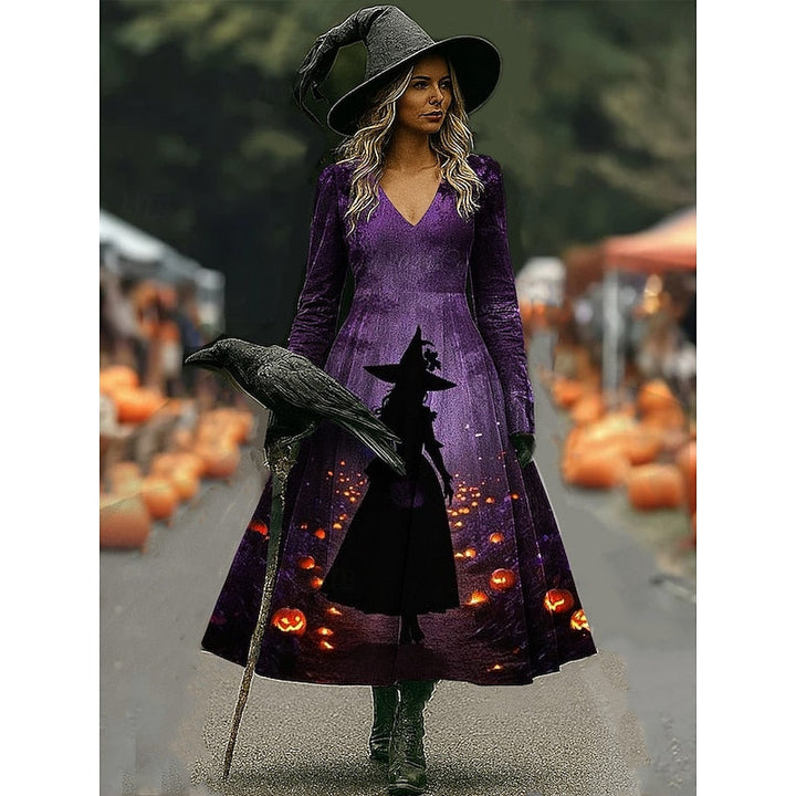 Tansy™ | Women's Halloween Witch Print Long Sleeve A Line Maxi Dress