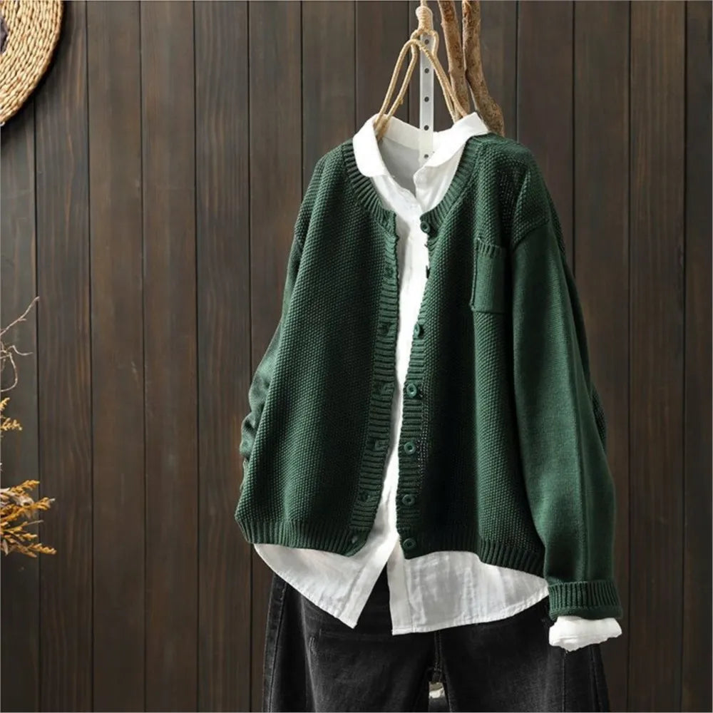 Lavena™ | Women's Relaxed Fit Knit Cardigan with Patch Chest Pocket