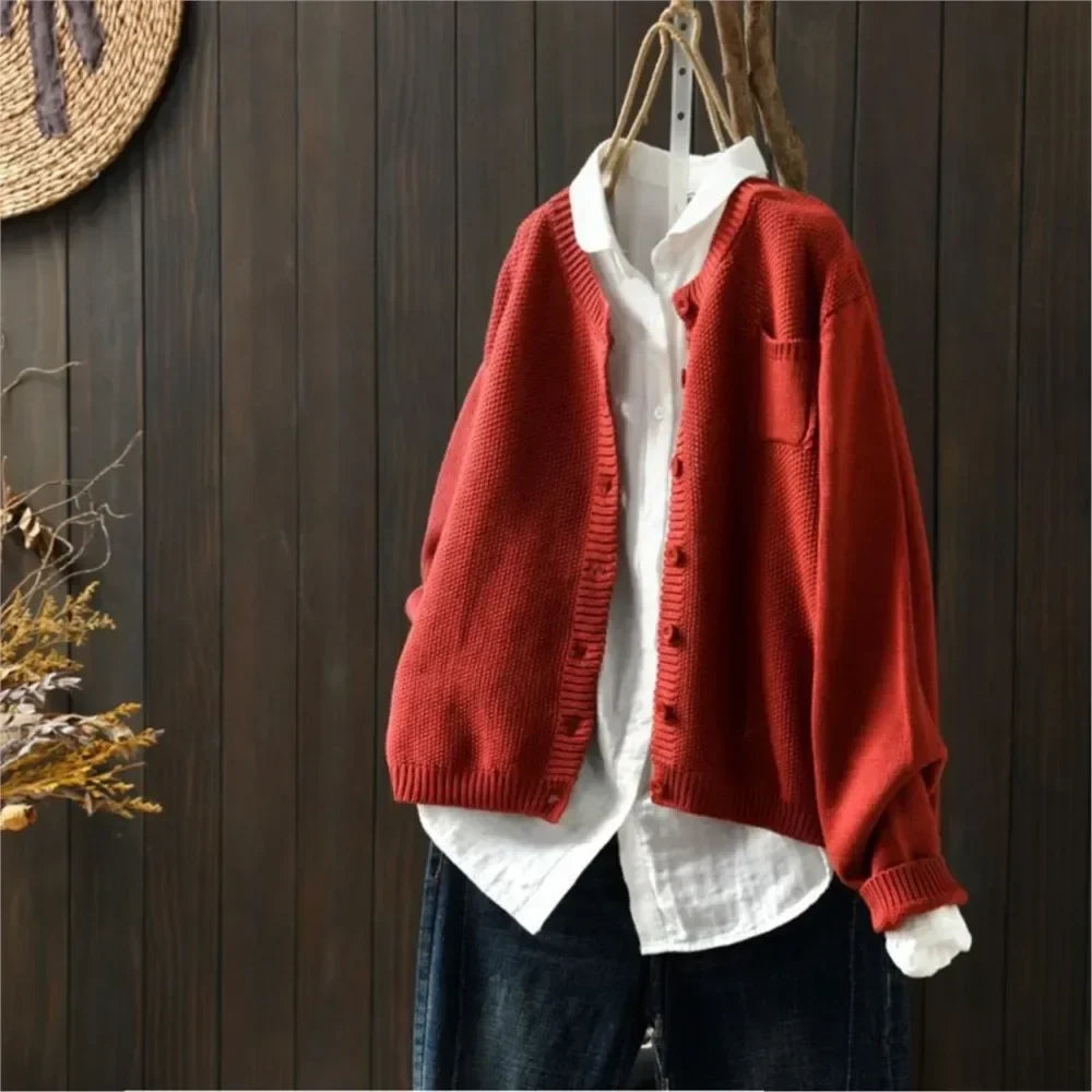 Lavena™ | Women's Relaxed Fit Knit Cardigan with Patch Chest Pocket