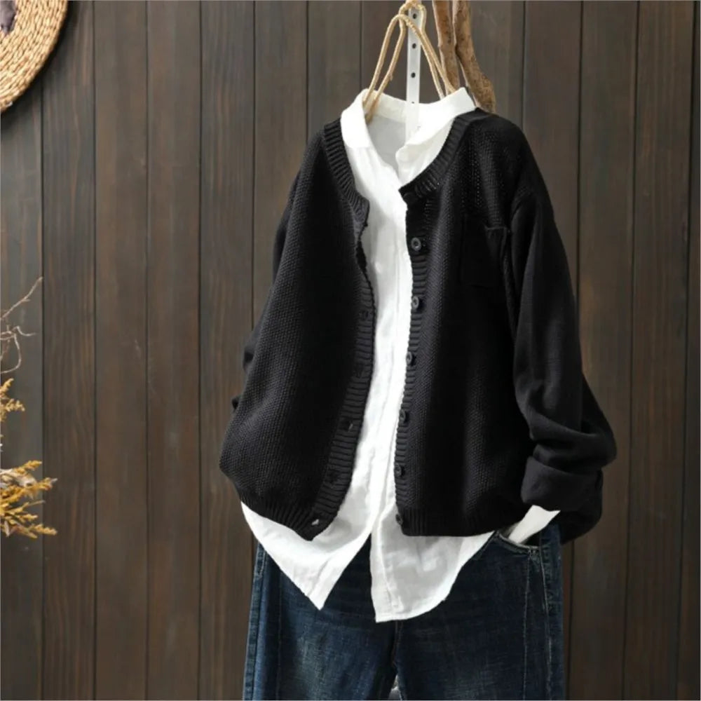 Lavena™ | Women's Relaxed Fit Knit Cardigan with Patch Chest Pocket