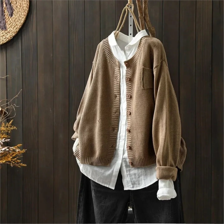 Lavena™ | Women's Relaxed Fit Knit Cardigan with Patch Chest Pocket