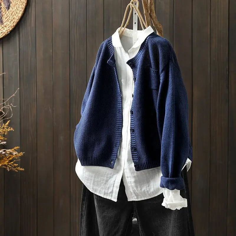 Lavena™ | Women's Relaxed Fit Knit Cardigan with Patch Chest Pocket