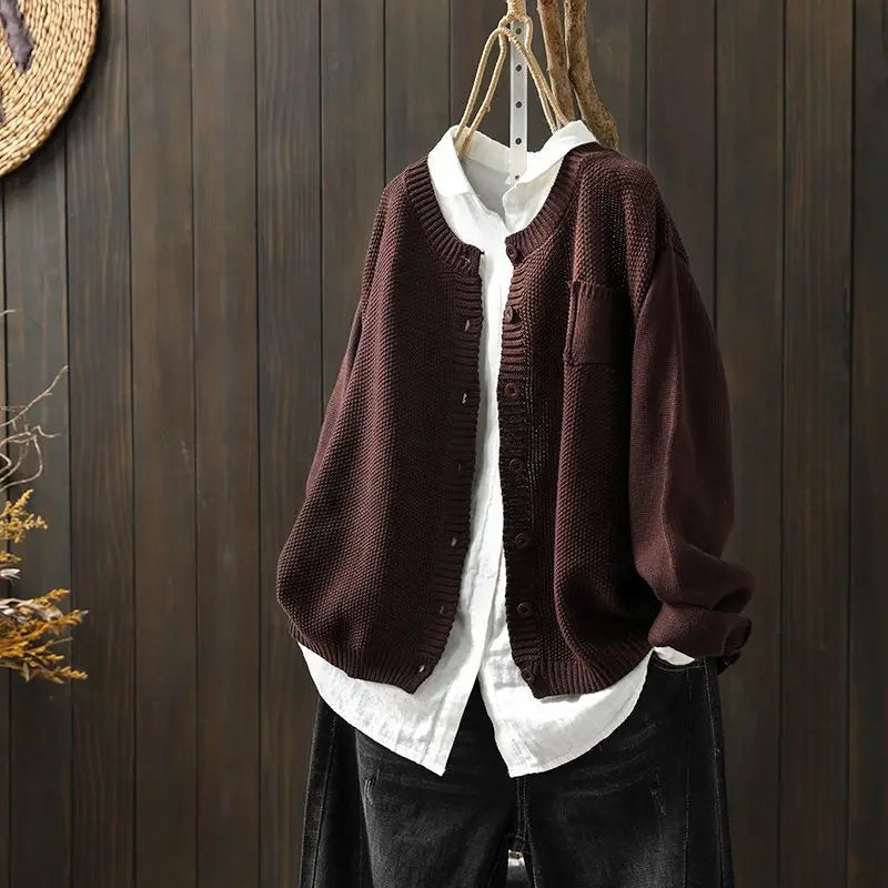 Lavena™ | Women's Relaxed Fit Knit Cardigan with Patch Chest Pocket