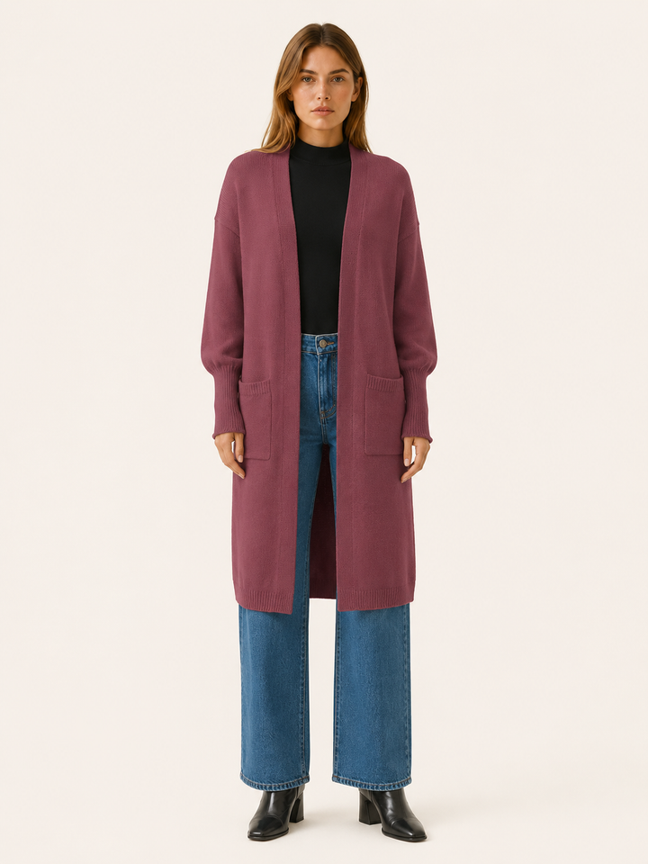 Thalina™ | Longline Balloon-Sleeve Cardigan with Pockets