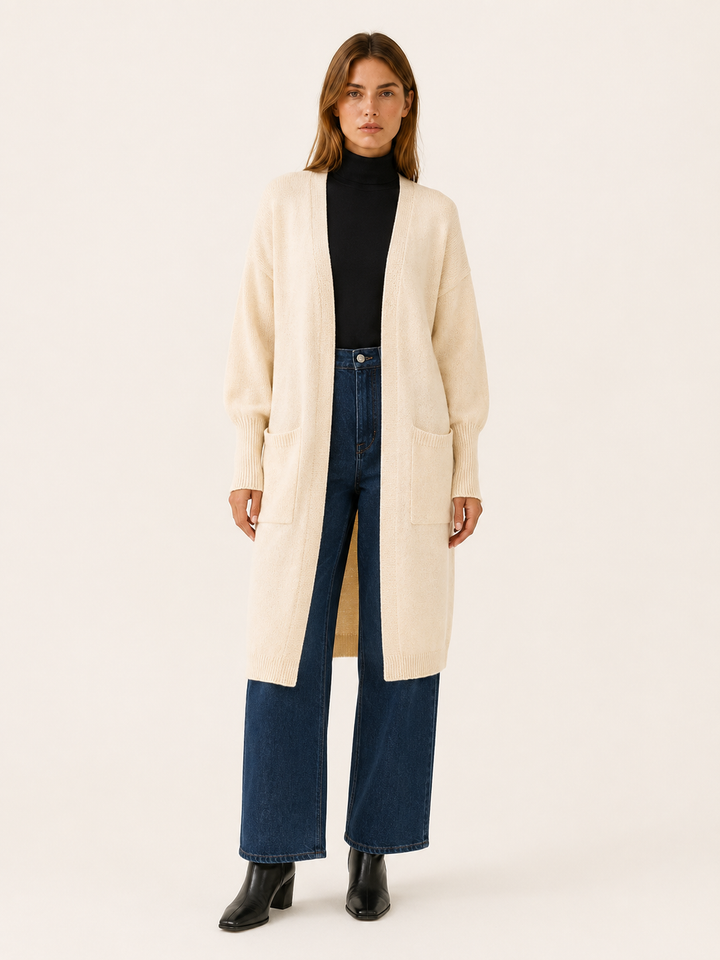 Thalina™ | Longline Balloon-Sleeve Cardigan with Pockets