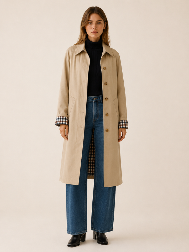 Therese™ | Long Single-Breasted Trench with Check Lining