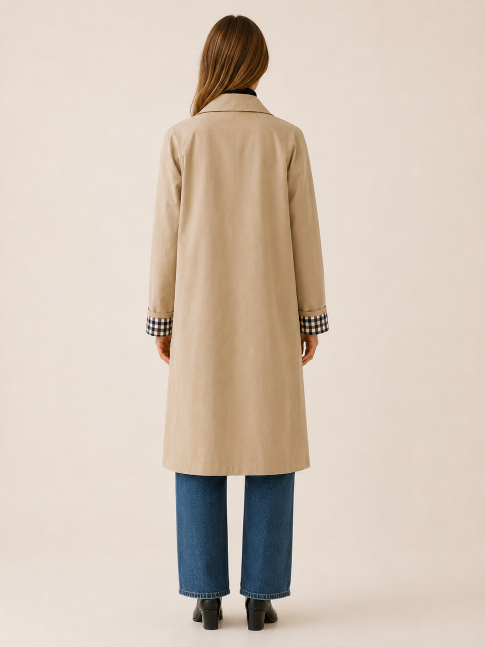 Therese™ | Long Single-Breasted Trench with Check Lining