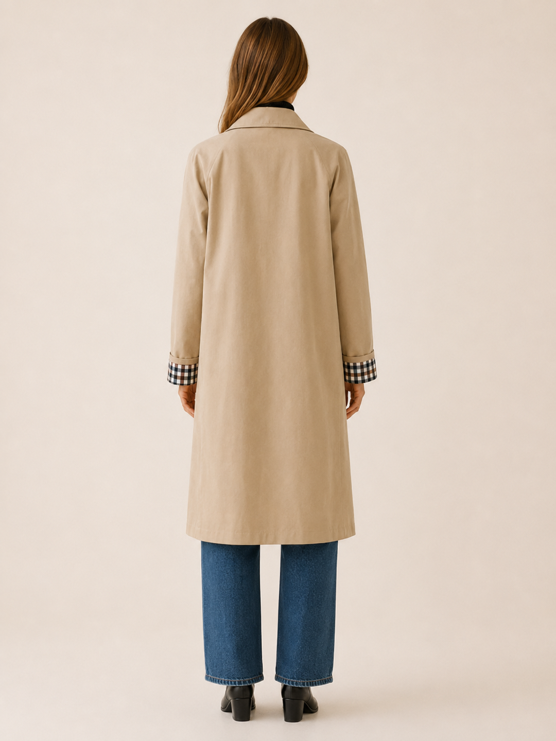 Therese™ | Long Single-Breasted Trench with Check Lining