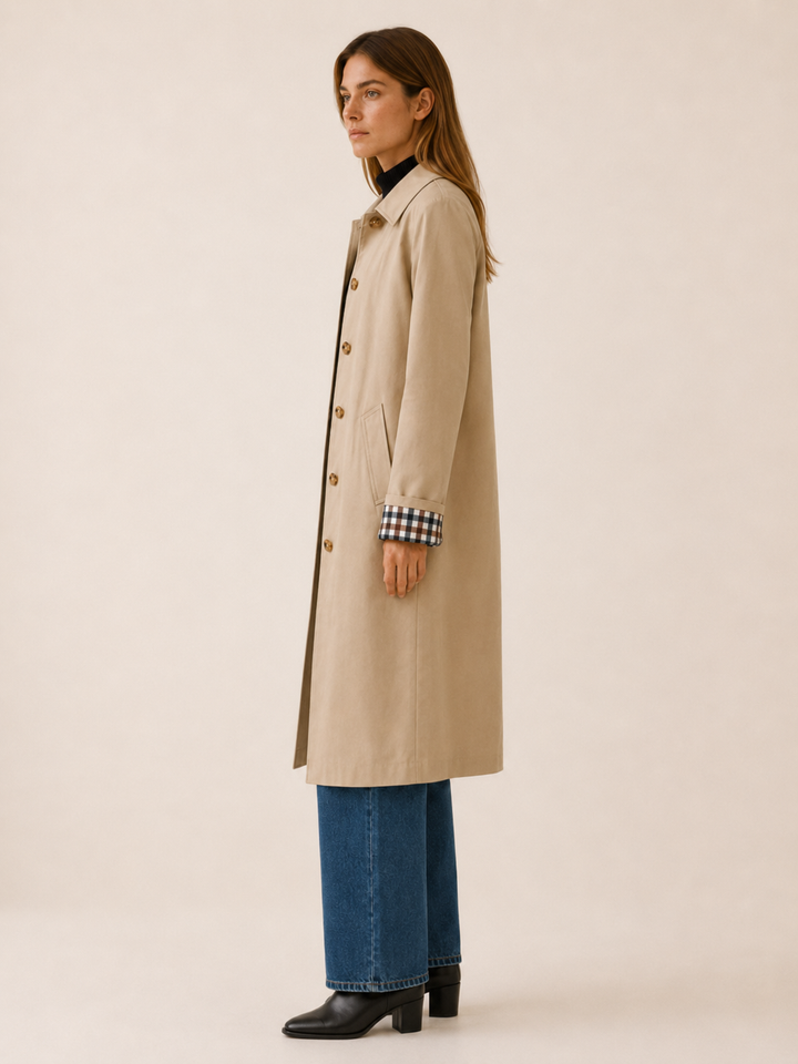 Therese™ | Long Single-Breasted Trench with Check Lining
