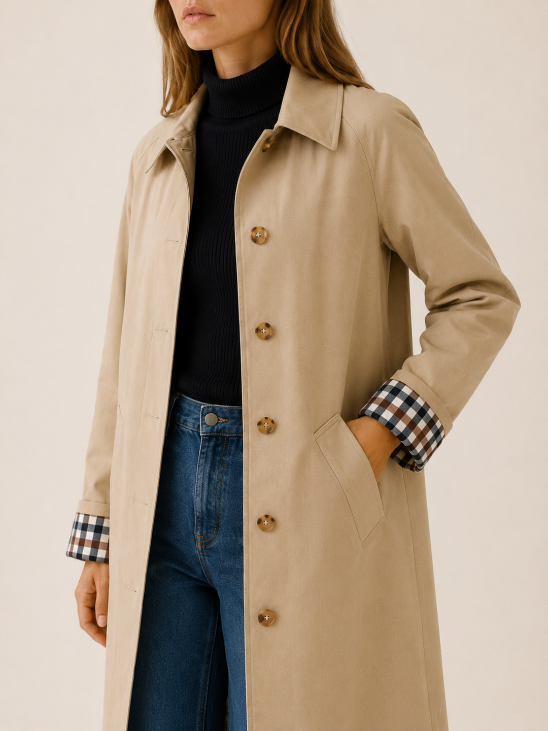 Therese™ | Long Single-Breasted Trench with Check Lining