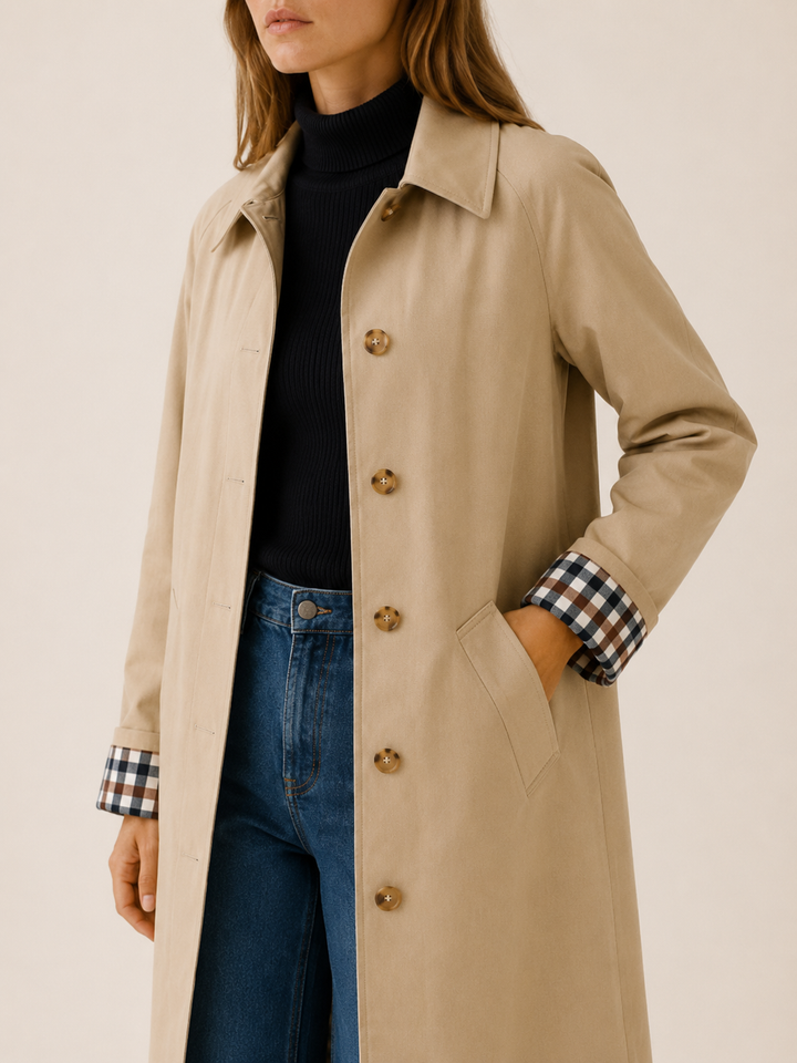Therese™ | Long Single-Breasted Trench with Check Lining