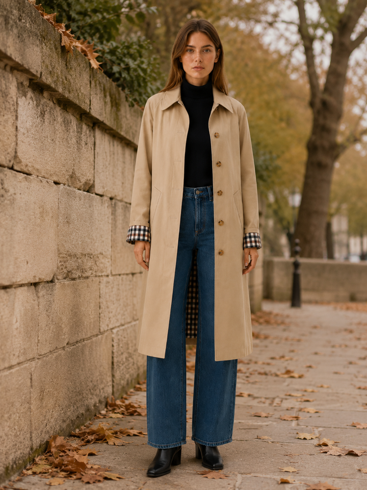 Therese™ | Long Single-Breasted Trench with Check Lining