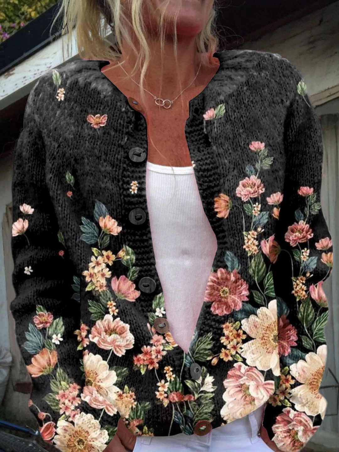 Amabel™ | Women's Bold Botanical Print Button Front Knit Cardigan