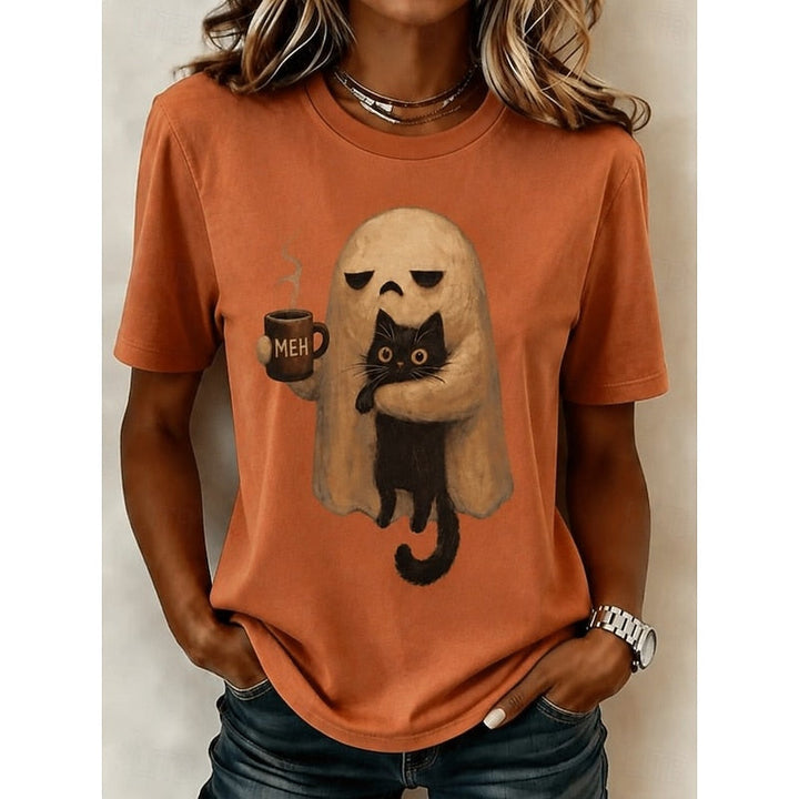 Cerys™ | Women's Halloween Ghost and Cat Print T Shirt