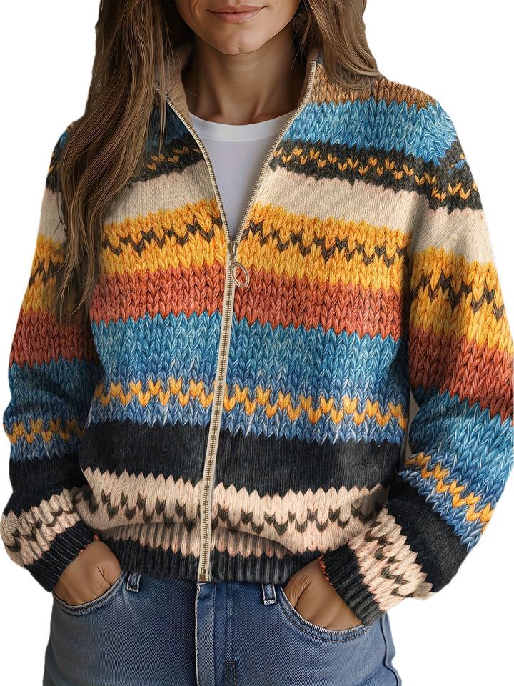 Brietta™ | Women's Chevron Stripe Full Zip Knit Cardigan