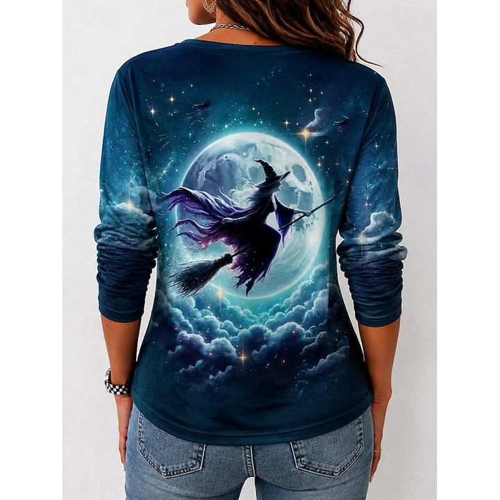 Rowena™ | Women's Moonlit Witch Print Halloween Long Sleeve Top