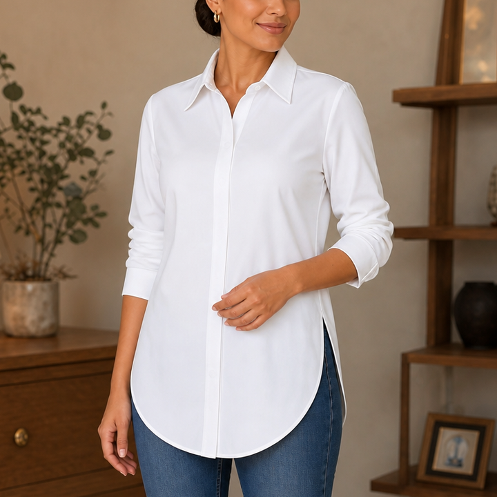 Salome™ | Women's Longline Button-Front Shirt with Curved Hem
