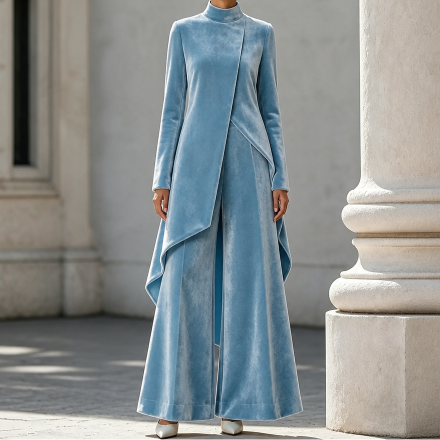Celandine™ | Women's Two Piece Set with Draped High Neck Top and Wide Leg Trousers