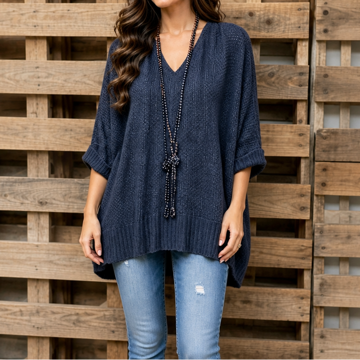 Octavie™ | Women's Oversized Open-Knit V-Neck Sweater in Blue