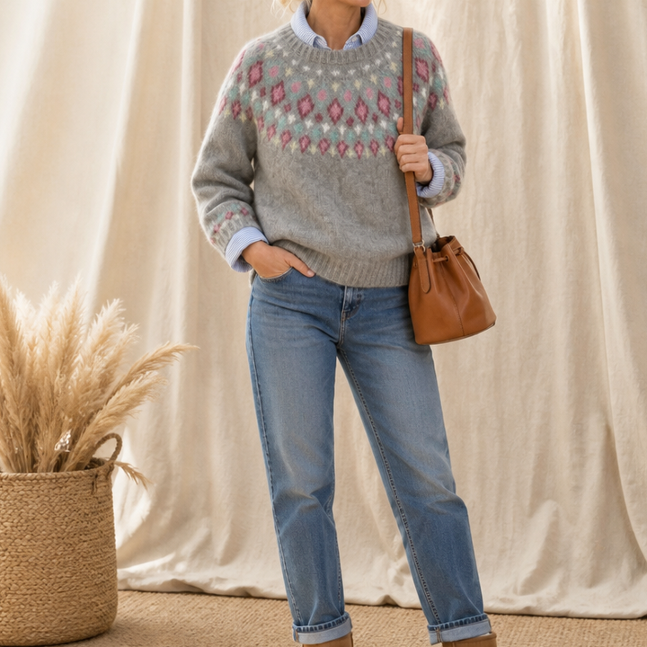 Thisbe™ | Women's Fair Isle Yoke Crew Neck Pullover Sweater