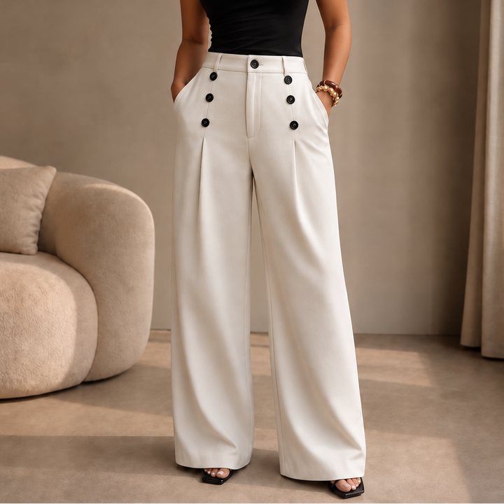 Wilhelmine™ | Women's High Waisted Pleated Wide Leg Trousers with Button Detail