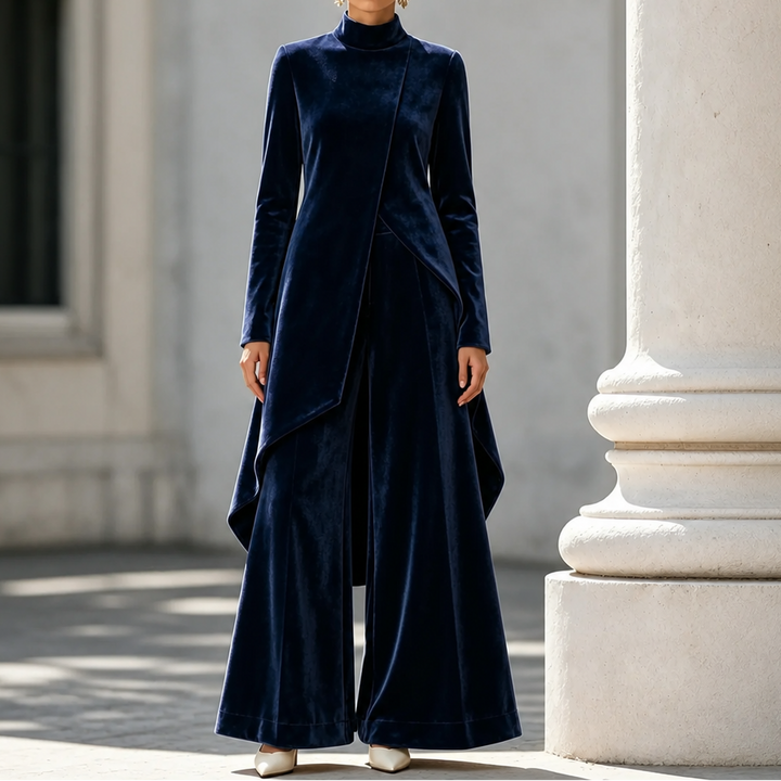 Celandine™ | Women's Two Piece Set with Draped High Neck Top and Wide Leg Trousers