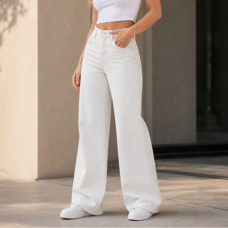 Aude™ | Women's High Waisted Wide Leg Jeans with Full Length Hem