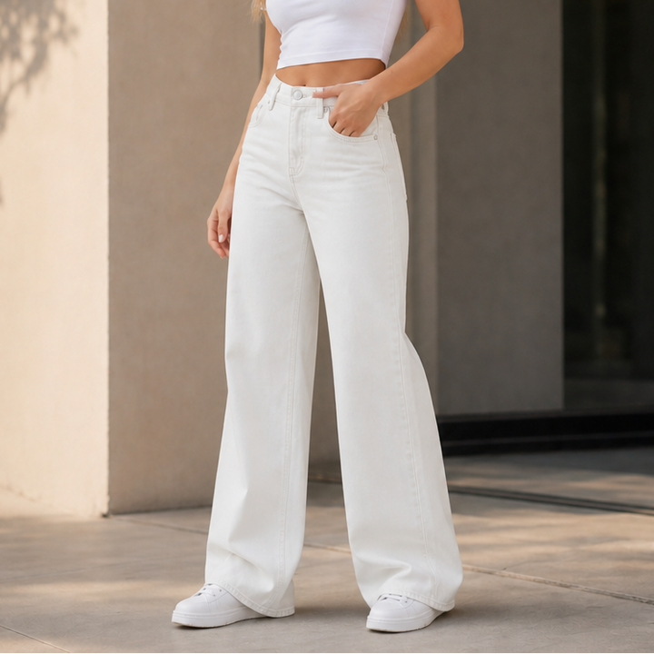 Aude™ | Women's High Waisted Wide Leg Jeans with Full Length Hem
