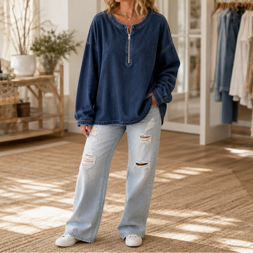 Isaure™ | Women's Oversized Half-Zip Knit Pullover with Dropped Shoulders