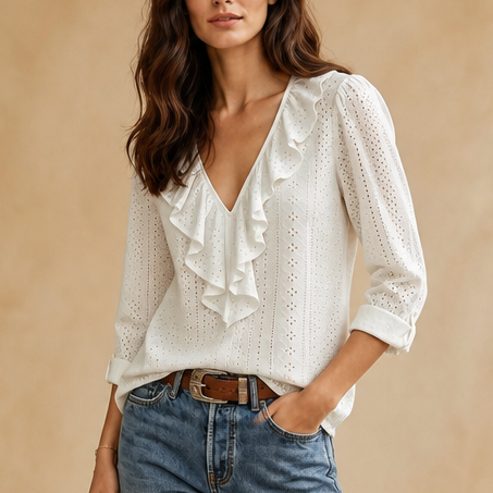 Quilla™ | Women's Ruffle V-Neck Long Sleeve Blouse