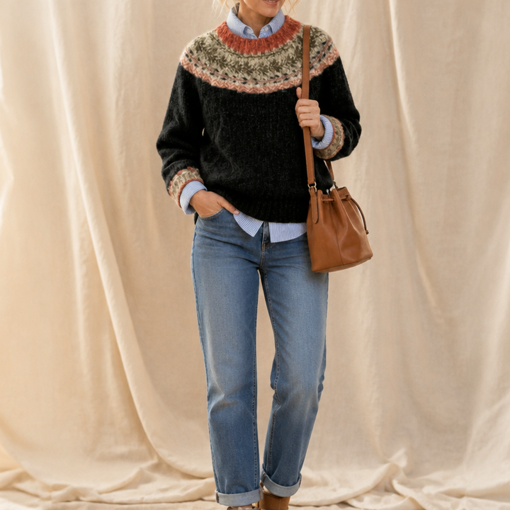 Thisbe™ | Women's Fair Isle Yoke Crew Neck Pullover Sweater